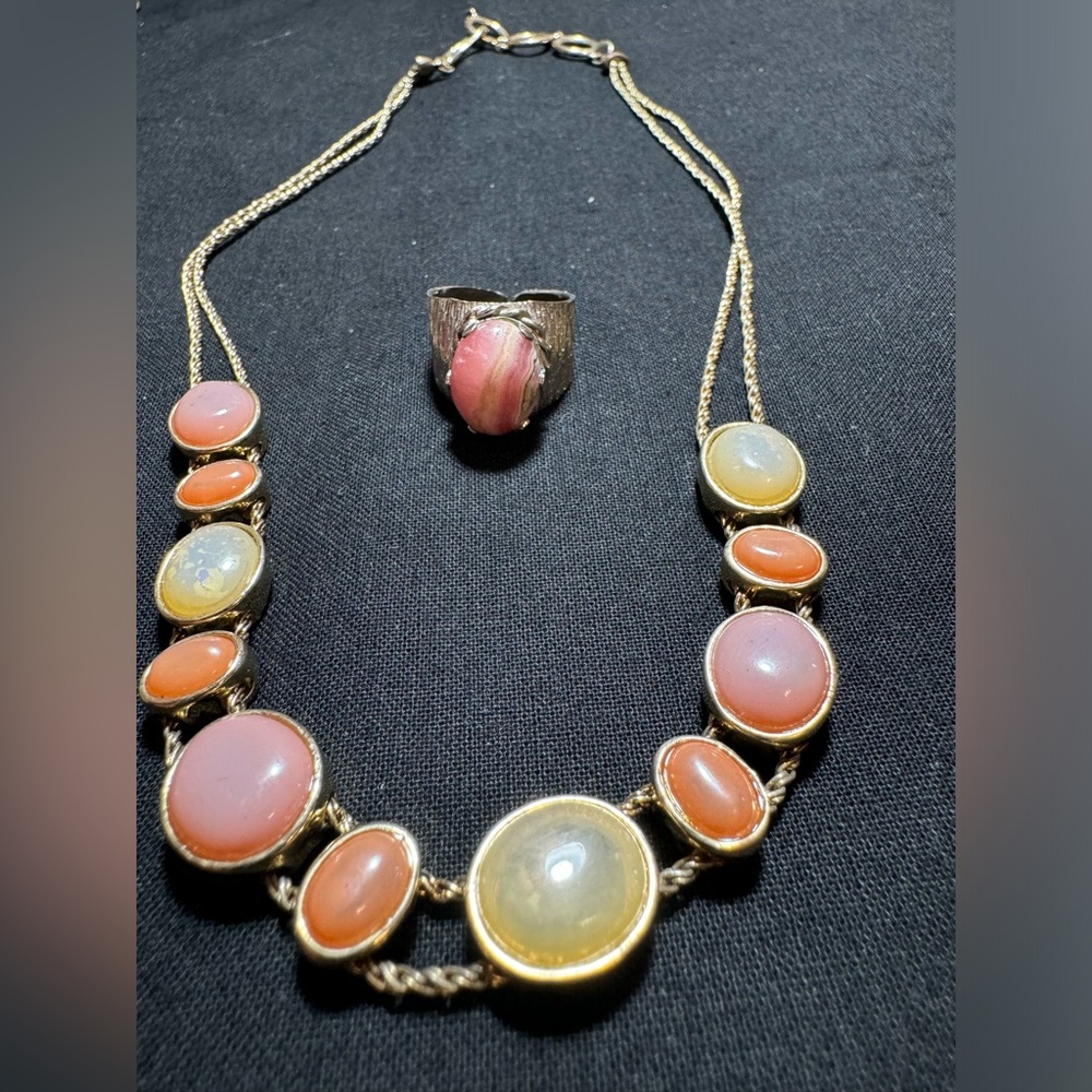 Natural Rhodochrosite Statement Ring, Vibrant Mixed Stone Mismatched necklace